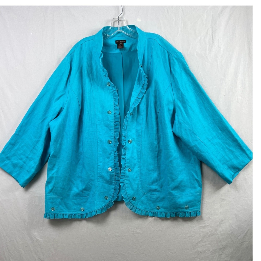 Multiples Linen Jacket Womens 3X Open Front Turquoise Ruffle Trim Lined Coastal
